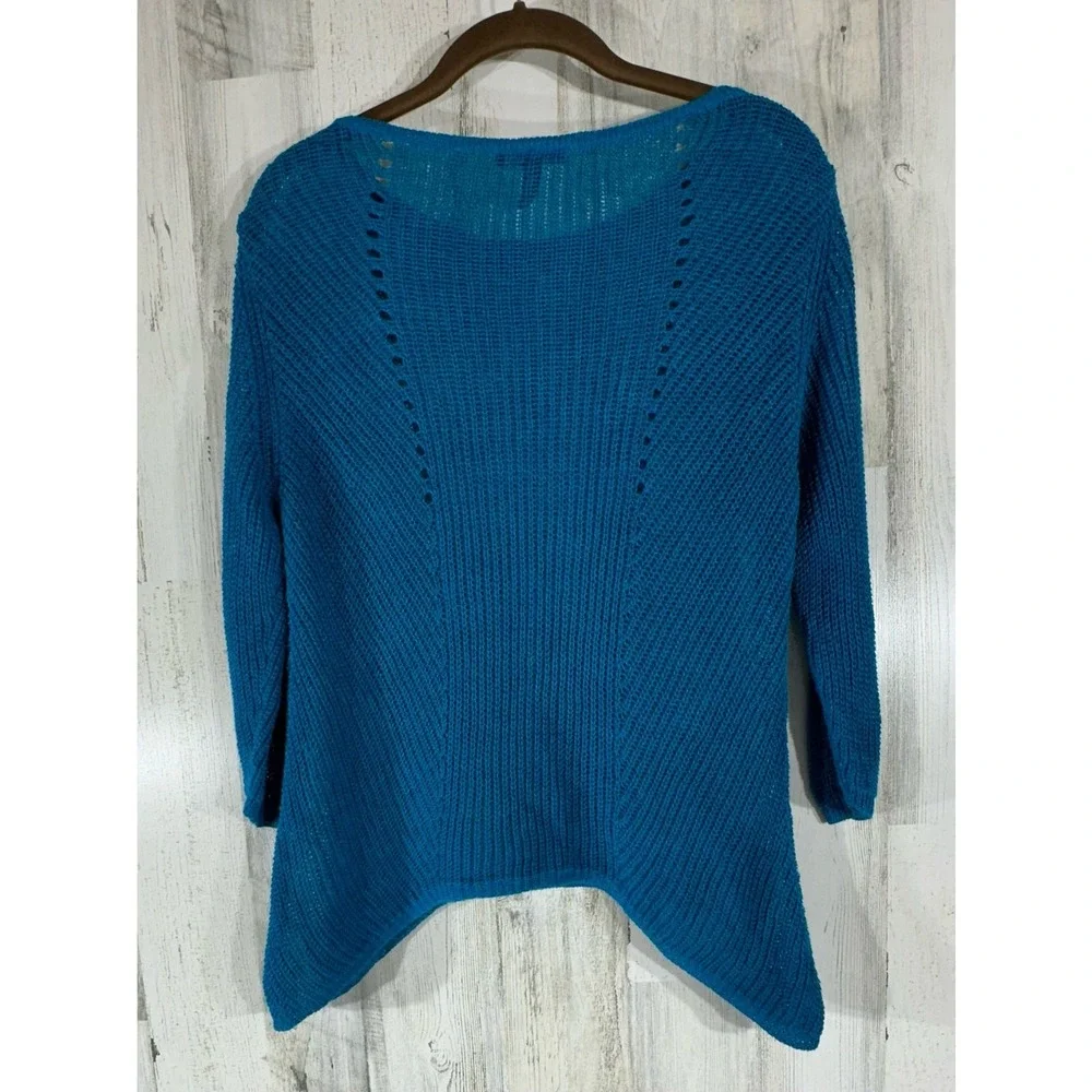 Eileen‎ Fisher Sweater Teal Organic Linen Open Knit Asymmetric Hem 3/4 Sleeve